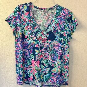 Lilly Pulitzer Colorful Floral V-Neck Tee